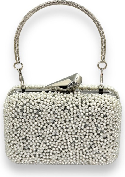 Mini Boy Sedef Ekru Renk Incili Abiye Çanta Gelin Çantası Gece Çantası Portföy Clutch Mezuniyet