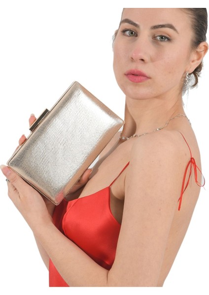 Rose Gold Renk Sıvama Saten Abiye Çanta Gece Çantası