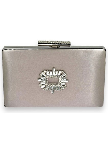 Vizon Renk Saten Kristal Taşlı Abiye Çanta Gece Çantası Kına Gelin Mezuniyet Çantası Clutch