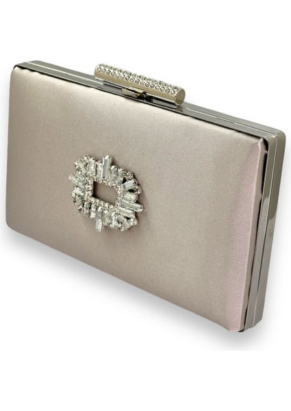Vizon Renk Saten Kristal Taşlı Abiye Çanta Gece Çantası Kına Gelin Mezuniyet Çantası Clutch