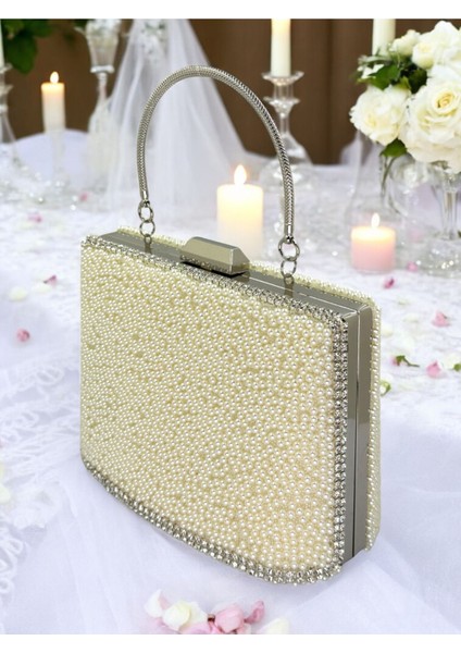 Incili Abiye Çanta Sedef Renk Gelin Çantası Abiye Çanta Gece Çantası Portföy Clutch