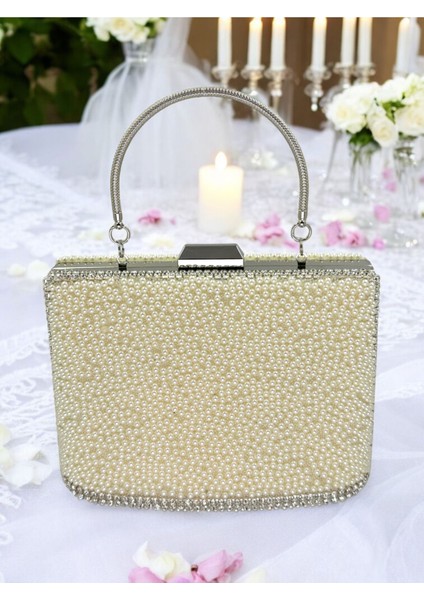 Incili Abiye Çanta Sedef Renk Gelin Çantası Abiye Çanta Gece Çantası Portföy Clutch