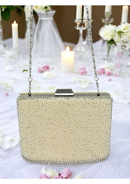 Incili Abiye Çanta Sedef Renk Gelin Çantası Abiye Çanta Gece Çantası Portföy Clutch