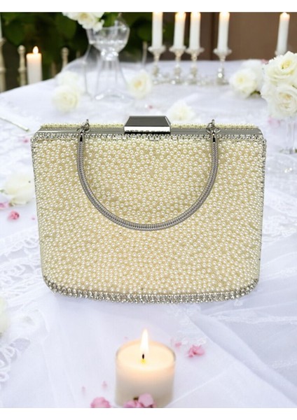 Incili Abiye Çanta Sedef Renk Gelin Çantası Abiye Çanta Gece Çantası Portföy Clutch