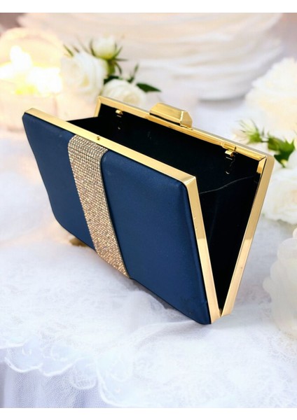 Siyah Renk Saten Rosegold Taşlı Kadın Abiye Çanta Gece Çantası