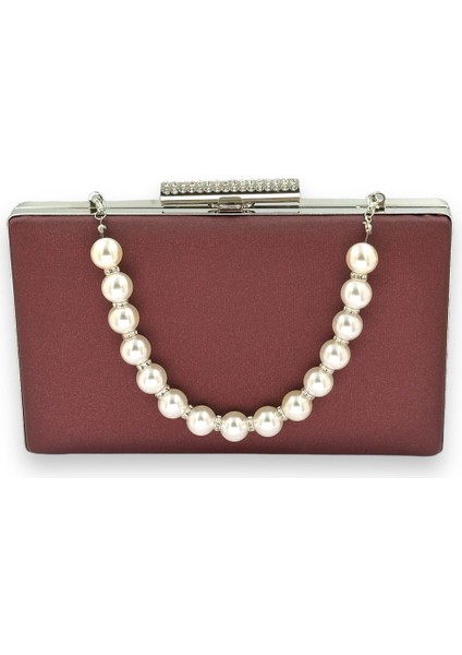 Bordo Renk Çizilmeyen El Izi Yapmayan Mat Saten Inci Saplı Abiye Çanta Gece Çantası Portföy Clutch