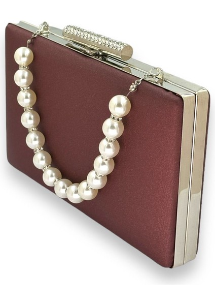Bordo Renk Çizilmeyen El Izi Yapmayan Mat Saten Inci Saplı Abiye Çanta Gece Çantası Portföy Clutch