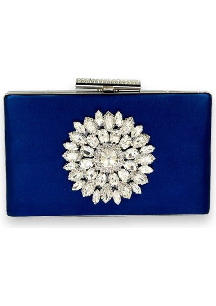 Lacivert Renk Saten Kristal Taşlı Abiye Çanta Gece Çantası Kına Gelin Mezuniyet Çantası Clutch