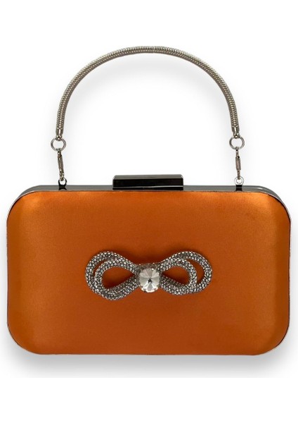 Turuncu Renk Saten Gümüş Kasalı Saplı Kulplu Gümüş Taşlı Abiye Gece Çantası Düğün Nişan Clutch