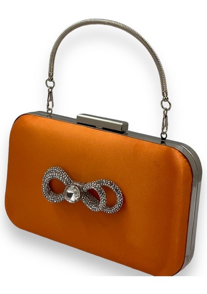 Turuncu Renk Saten Gümüş Kasalı Saplı Kulplu Gümüş Taşlı Abiye Gece Çantası Düğün Nişan Clutch