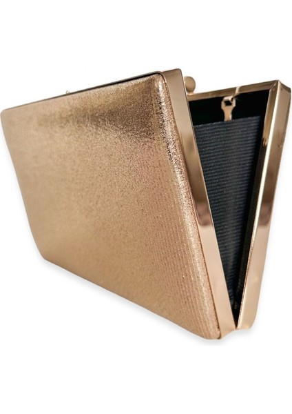 Rose Gold Renk Taşlı Kasa Abiye Çanta Gece Çantası Düğün Nişan Çantası El Çantası