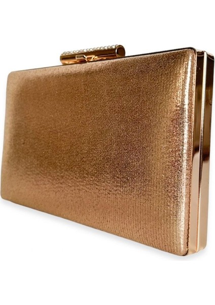 Rose Gold Renk Taşlı Kasa Abiye Çanta Gece Çantası Düğün Nişan Çantası El Çantası