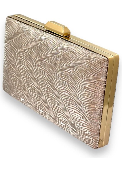 Rose Gold Renk Lazer Su Yolu Desenli Abiye Çanta Gece Çantası Düğün Nişan Kına Çantası