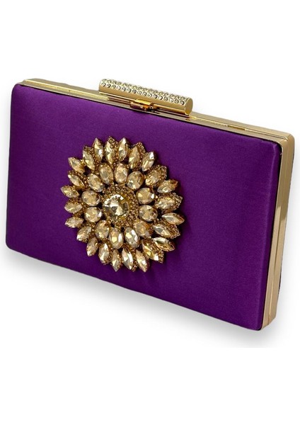Mor Renk Saten Kristal Taşlı Abiye Çanta Gece Çantası Kına Gelin Mezuniyet Çantası Clutch Portföy