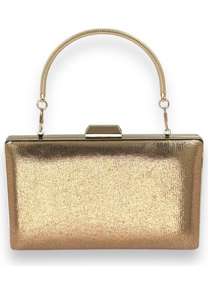 Rose Gold Sıvama Saten Metal Kulplu Parlak Kumaş Abiye Çanta Gece Çantası Kına Düğün Nişan