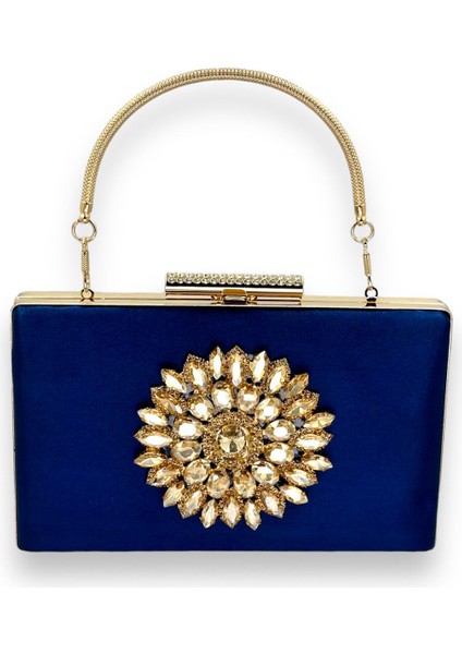 Lacivert Renk Saten Kristal Taşlı Abiye Çanta Gece Çantası Kına Gelin Mezuniyet Çantası Clutch