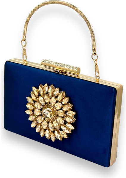 Lacivert Renk Saten Kristal Taşlı Abiye Çanta Gece Çantası Kına Gelin Mezuniyet Çantası Clutch
