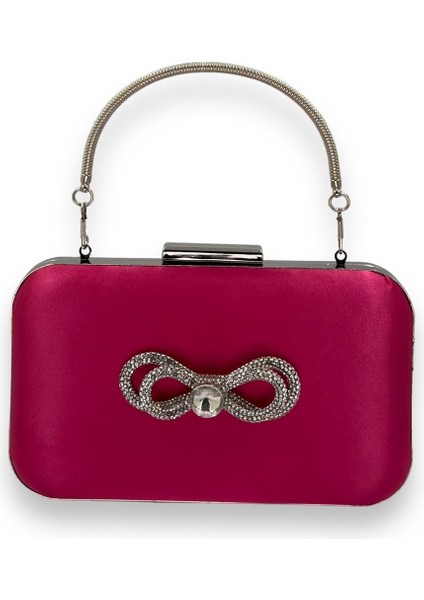 Fuşya Renk Saten Gümüş Kasalı Saplı Kulplu Gümüş Taşlı Abiye Gece Çantası Düğün Nişan Clutch