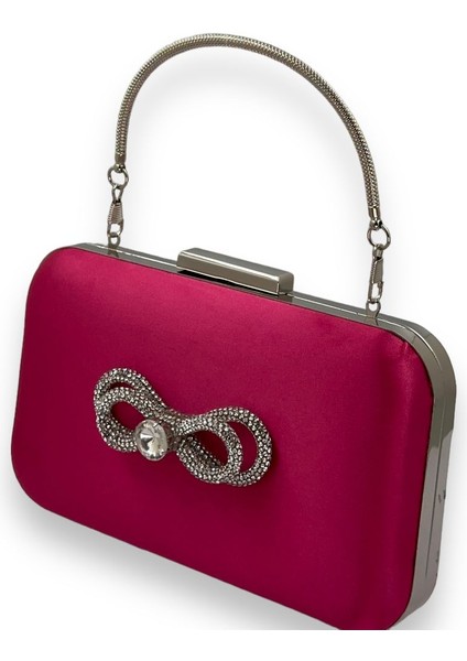 Fuşya Renk Saten Gümüş Kasalı Saplı Kulplu Gümüş Taşlı Abiye Gece Çantası Düğün Nişan Clutch