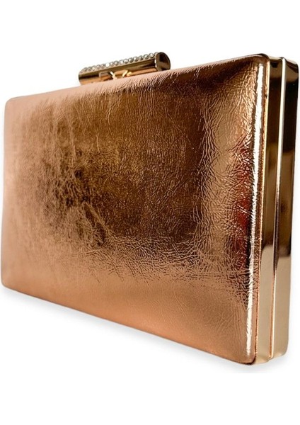 Rose Gold Renk Kırışık Rugan Abiye Çanta Düğün Nişan Gece Çantası El Yapımı El Çantası