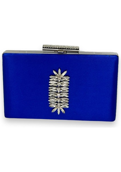Saks Mavisi Rengi Saten Kristal Taşlı Abiye Çanta Gece Çantası Kına Gelin Mezuniyet Çantası Clutch