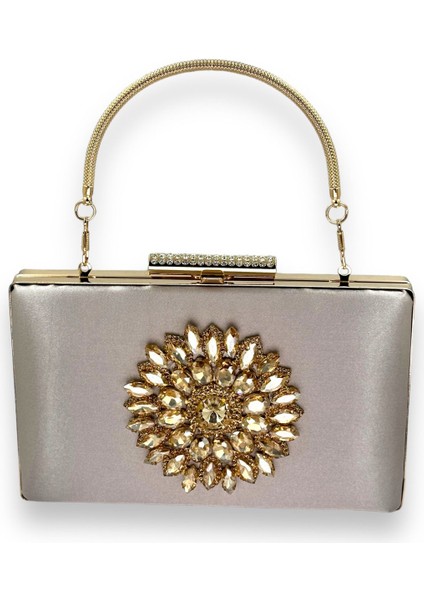 Vizon Renk Saplı Saten Kristal Taşlı Abiye Çanta Gece Çantası Kına Gelin Mezuniyet Çantası Clutch