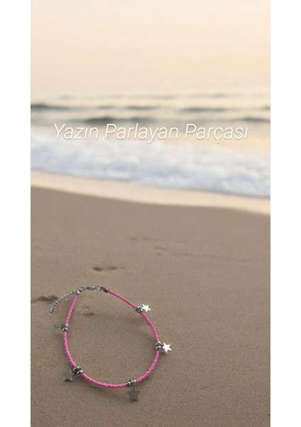 Gümüş Sallantılı Yıldız ve Pembe Boncuklu Halhal