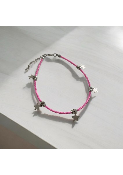 Gümüş Sallantılı Yıldız ve Pembe Boncuklu Halhal fiyatları