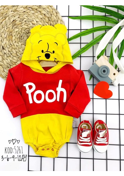 Kapşonlu Pooh Desenli Uzun Kollu Kız Erkek Bebek Bady &zıbın Kırmızı
