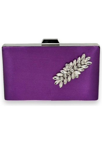 Mor Renk Saten Kristal Taşlı Abiye Çanta Gece Çantası Kına Gelin Mezuniyet Çantası Clutch Portföy