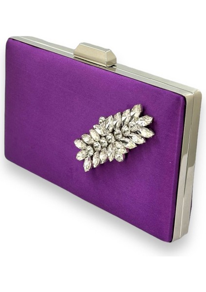 Mor Renk Saten Kristal Taşlı Abiye Çanta Gece Çantası Kına Gelin Mezuniyet Çantası Clutch Portföy