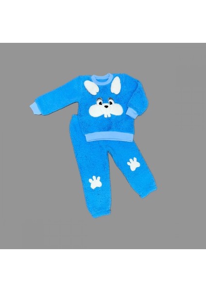 Kulaklı Tavşan Figürlü Kuzu Kumaş Sweat Pantolon Uzun Kollu Kız Erkek 2 Li Takımı Saks Mavisi