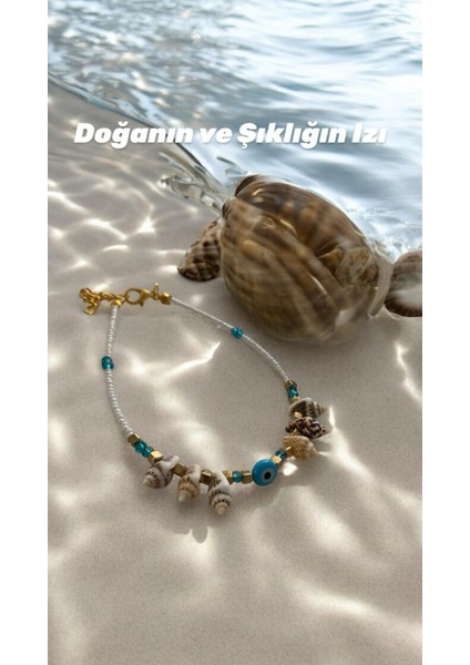 Nazar Boncuk ve Deniz Kabuk Detaylı Beyaz Boncuklu Halhal