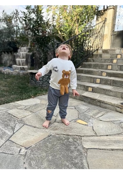 Ayıcık Sallanan Ayak Desenli Likra Penye Kumaş Sweat Pantolonlu Kız Erkek 2li Çocuk Takımı Sarı