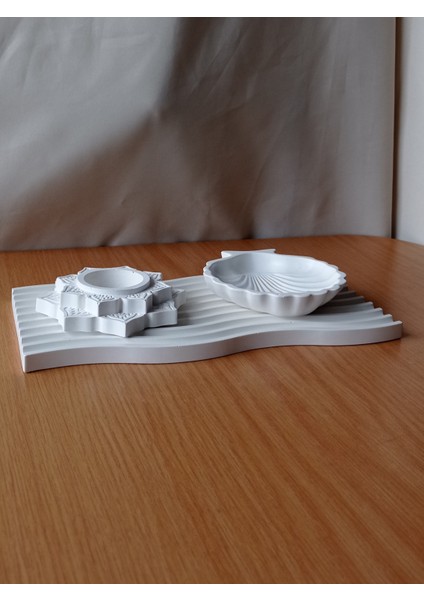 Dalgalı Beton Sunum Tepsi Tabak İstiridye Tabak ve Lotus Çiçeği Mumluk 3'lü Set