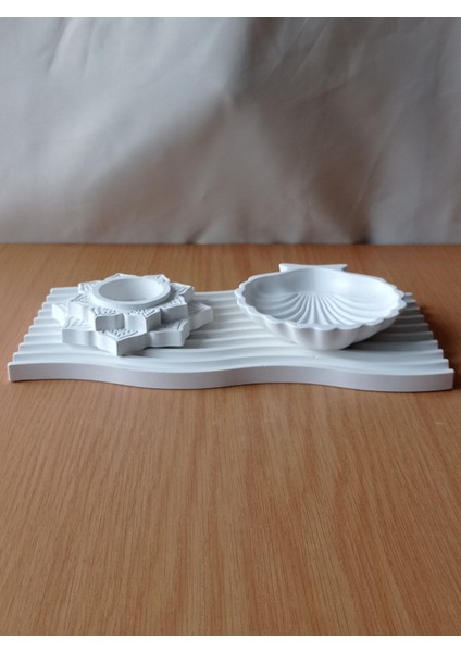 Dalgalı Beton Sunum Tepsi Tabak İstiridye Tabak ve Lotus Çiçeği Mumluk 3'lü Set