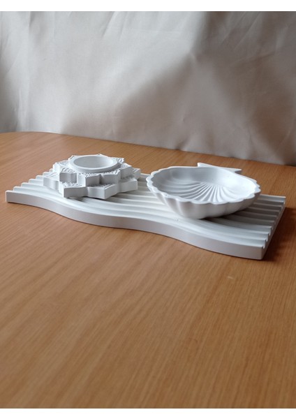 Dalgalı Beton Sunum Tepsi Tabak İstiridye Tabak ve Lotus Çiçeği Mumluk 3'lü Set