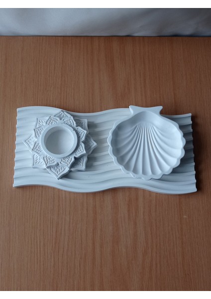 Dalgalı Beton Sunum Tepsi Tabak İstiridye Tabak ve Lotus Çiçeği Mumluk 3'lü Set