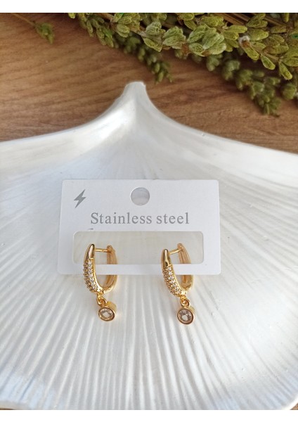 Taşlı Gold Çelik Kadın Küpe