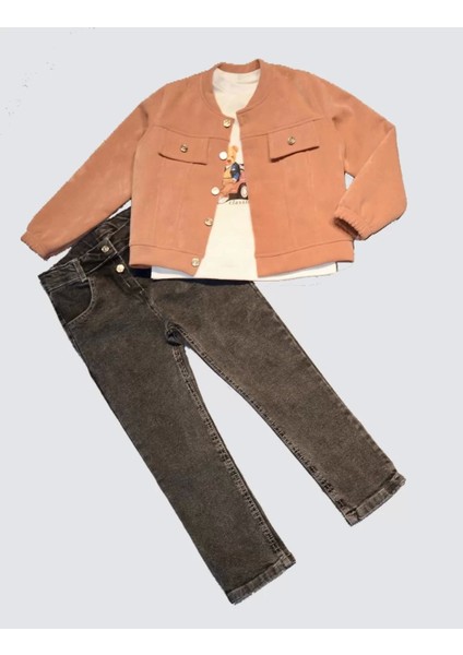 Kot Pantolonlu Nubukceketli Uzun Kollu Penye Sweat 3lü Erkek Çocuk Takımı Kiremit