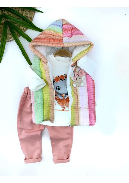 B 9-12-18-24 Ay Kapşonlu Fermuarlı Gökkuşağı Şişme Yelek Sweat Pantolonlu 3lü Kız Erkek Bebek Takımı