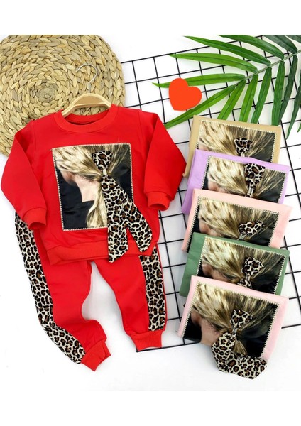 B 3-4-5-6 Yaş Lepoar Tokalı Leopar Şerit 2li Kız Çocuk Takımı
