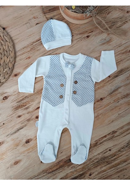 B 0-3 3-6 6-9 Ay Şapkalı Yelek Detaylı Boydan Çıtçıt Erkek Bebek Tulumu