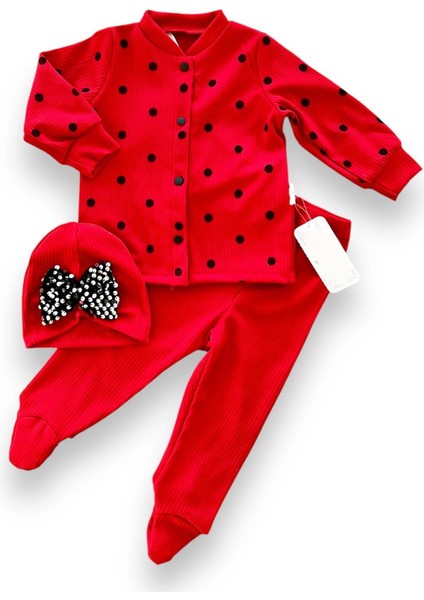 B 3-6-9-12 Ay Puantiyeli Şapkalı Çıtçıt Kapamalı Patikli 3lü Kız Bebek Takımı