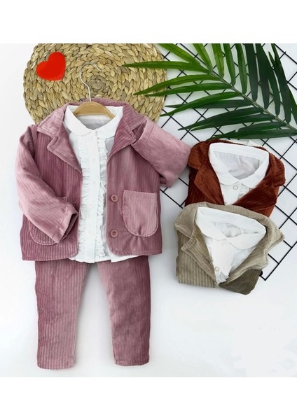 B 2-3-4-5 Yaş Düğme Kapamalı Fırfır Gömlekli Kadife Ceket Pantolon 3lü Kız Bebek Takımı