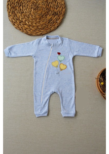 B 3-6 18-24 24-36 Ay Uçan Balonlar Nakışlı Ef Boy Fermuarlı Erkek Bebek Tulumu