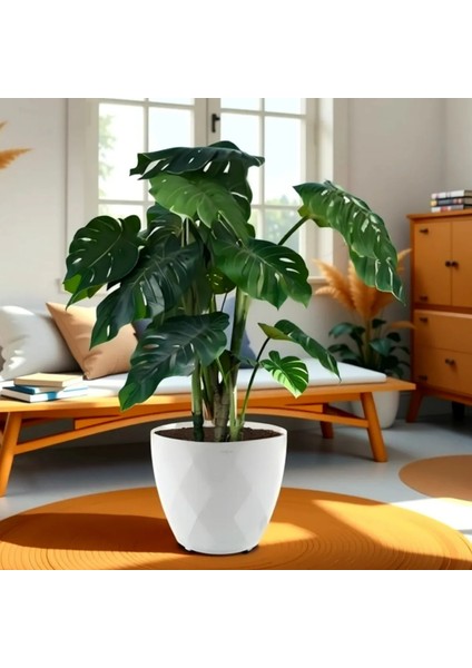 Modern Elmas Desenli Saksı 15 Litre - Dekoratif Saksı, Büyük Boy Yuvarlak Saksı 32,5X28,5 cm