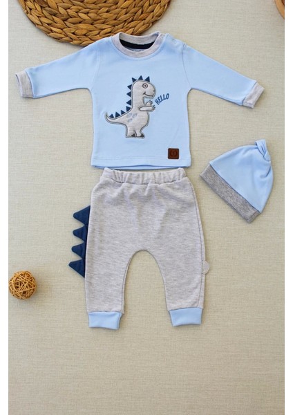 Minik Dino Nakışlı Şapkalı Uzun Kollu Sweat 3lü Kız-Erkek Bebek Takımı Mavi