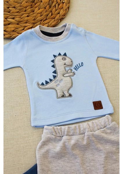 Minik Dino Nakışlı Şapkalı Uzun Kollu Sweat 3lü Kız-Erkek Bebek Takımı Mavi