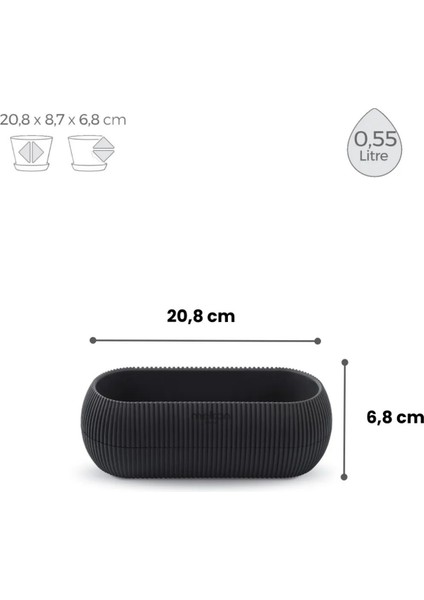 Modern Premium Mini Saksı 0,55L Kaktüs, Sukulent, Çiçek Saksısı Dekoratif Çizgi Desenli Uzun Saksı